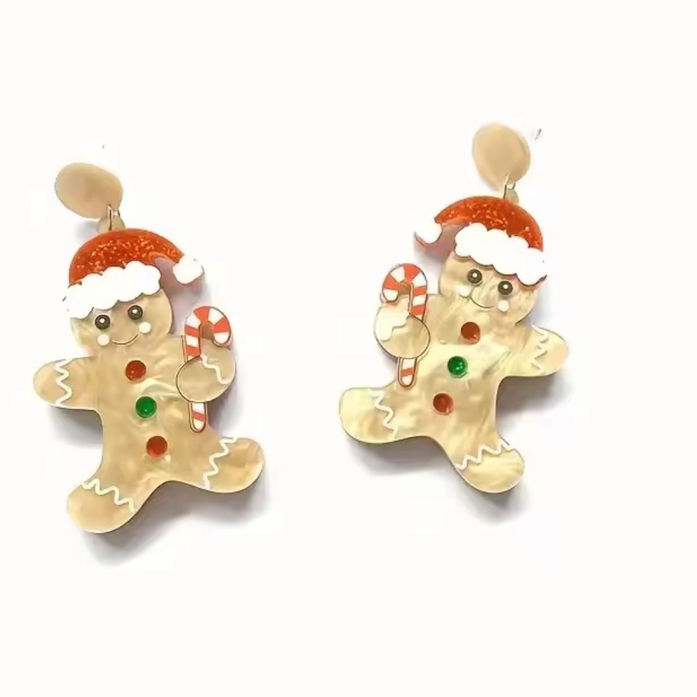 Gingerbread Man Christmas Acrylic Earrings | Candy Cane Holiday Dangle Jewelry - Picture 4 of 4